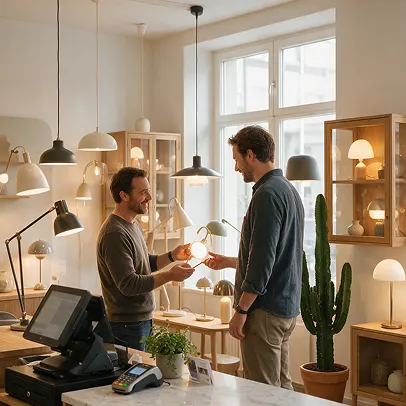 Conseiller Xiled présentant des luminaires LED à un client dans le magasin de Pamiers