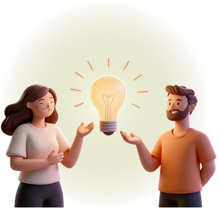 Illustration d’un couple souriant autour d’une ampoule allumée, pour un conseil en éclairage