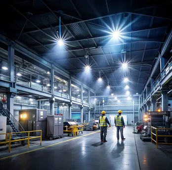 Atelier industriel éclairé par des projecteurs LED, deux ouvriers équipés de leurs protections