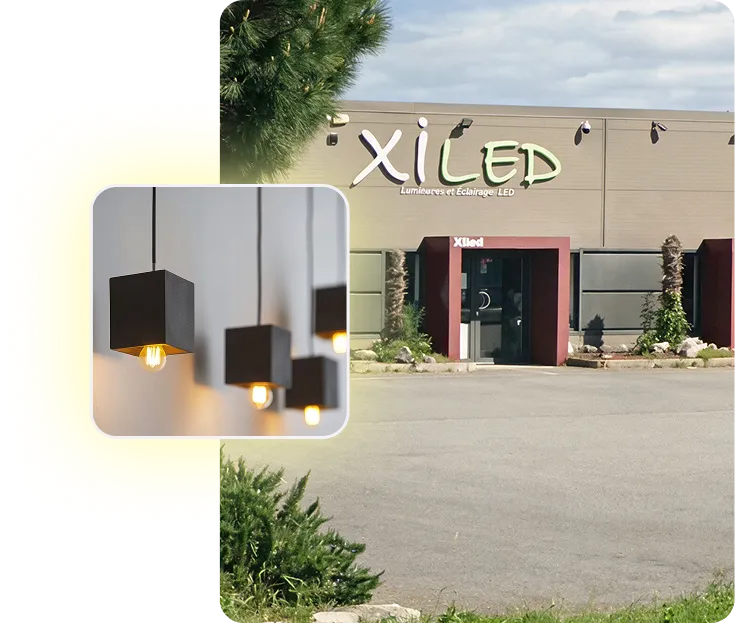 Façade du magasin de luminaires Xiled à Pamiers, et suspensions LED cubiques allumées