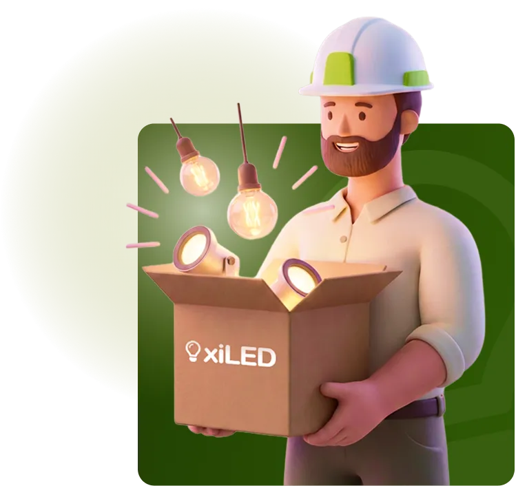 Illustration d’un électricien Xiled souriant, tenant un carton d’ampoules et de spots LED