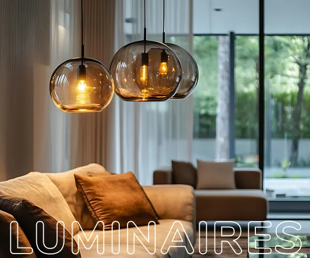 Suspensions modernes en verre fumé éclairant un salon, au magasin de luminaires Xiled à Pamiers