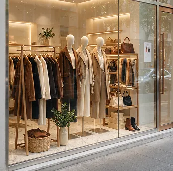 Vitrine de vêtements et d’accessoires sur mannequins, mise en valeur par l’éclairage